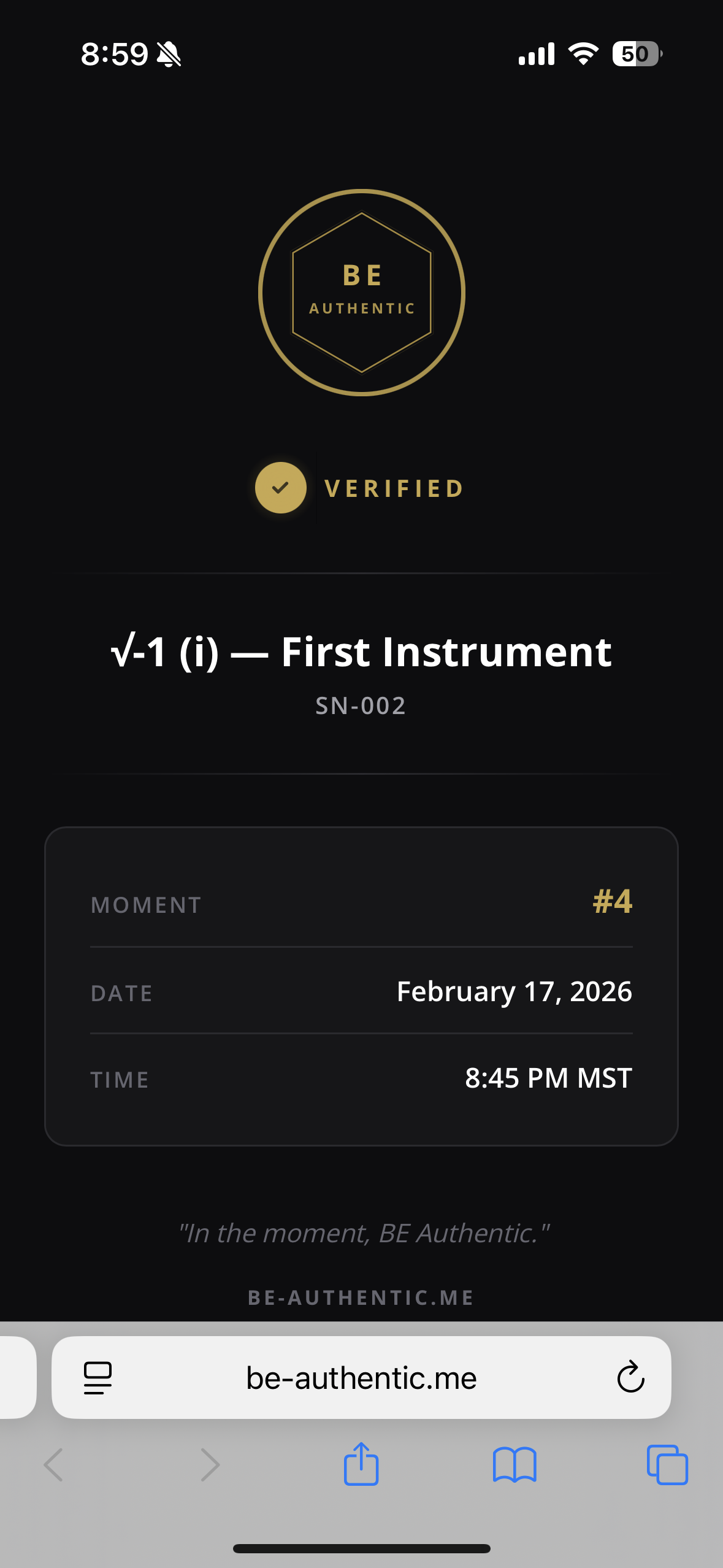 BE Authentic verification page showing tag verified, Moment number 4